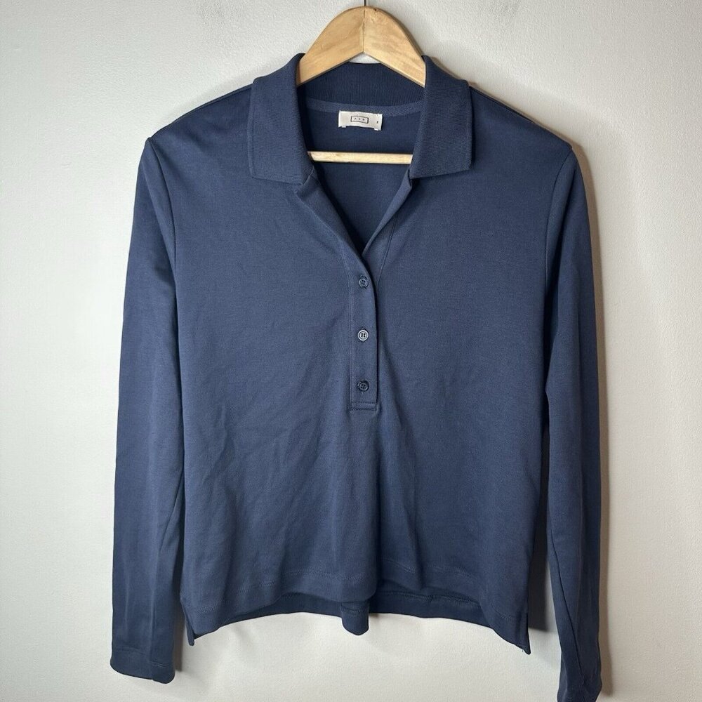 AYR Pima Cotton Long Sleeve Collared Button Front Polo Navy Size Medium Crop